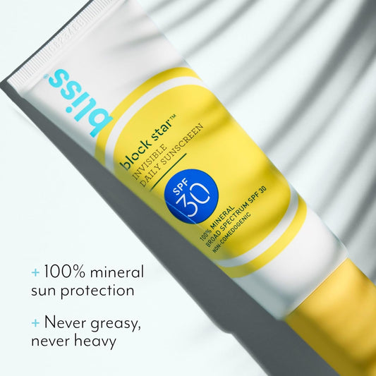 Bliss Block Star SPF 30 Daily Tinted Sunscreen with Zinc Oxide, Sunscreen & Makeup Primer- All Skin Tones - 100% Mineral Broad Spectrum Sunscreen with Titanium Dioxide & Antioxidant Blend,- 1.4 fl oz.