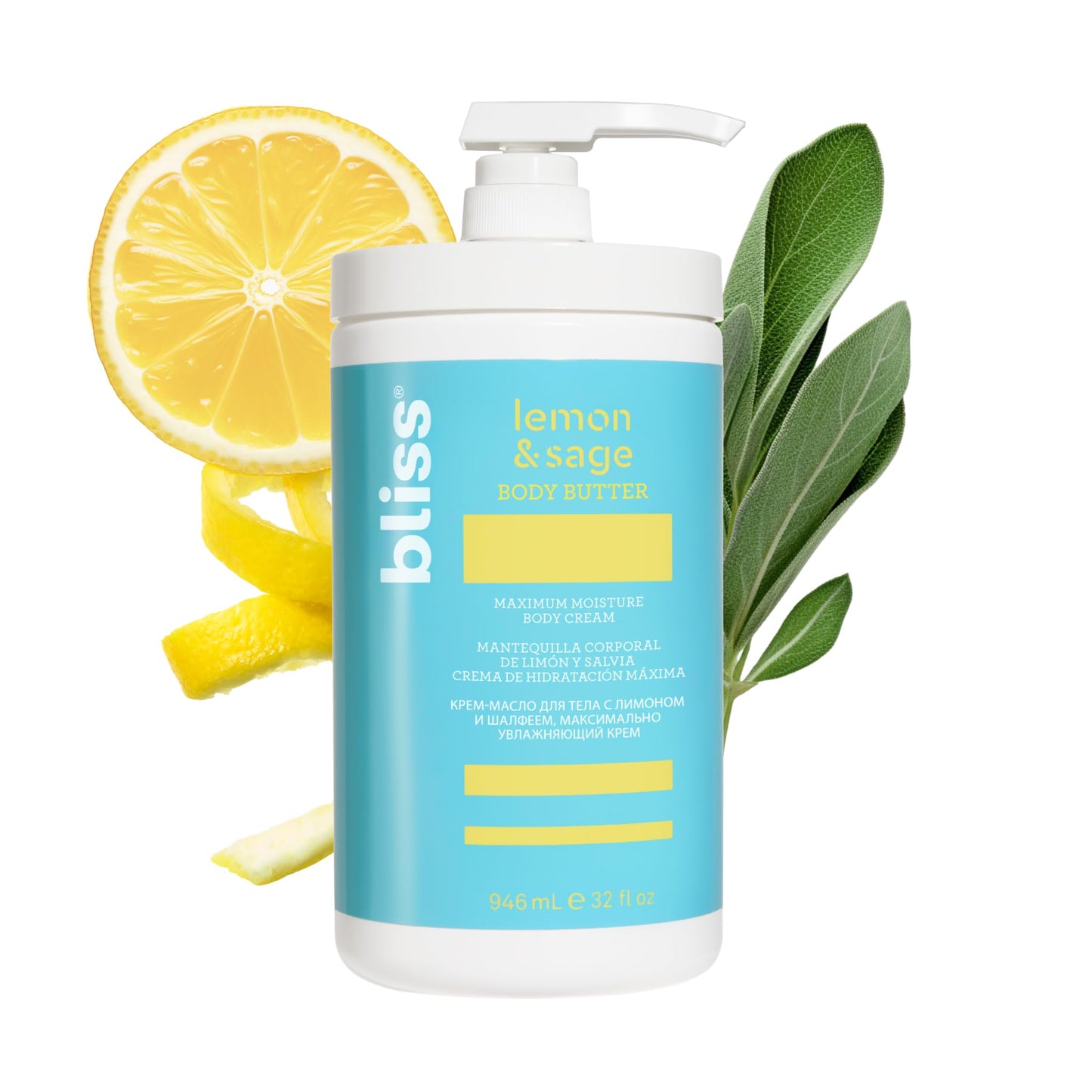 Bliss Lemon and Sage Body Butter - Maximum Moisture Cream - 6.7 Fl Oz Lotion for Dry Skin - Long-Lasting Moisturizer for Women & Men - Vegan and Cruelty-Free
